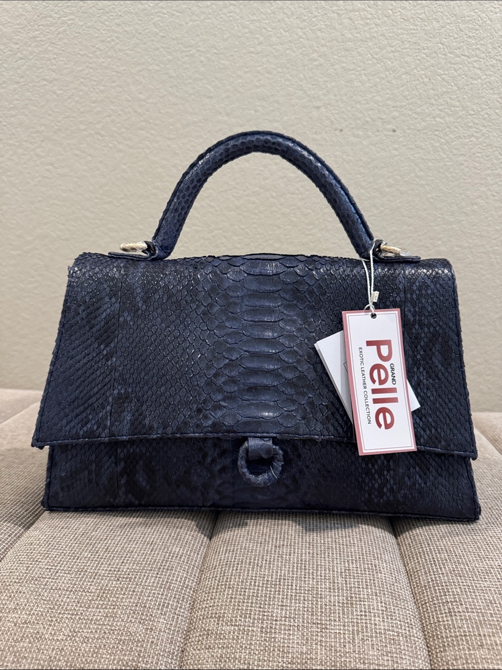 Grand Pelle 100% Genuine Python Leather Handbag - Navy